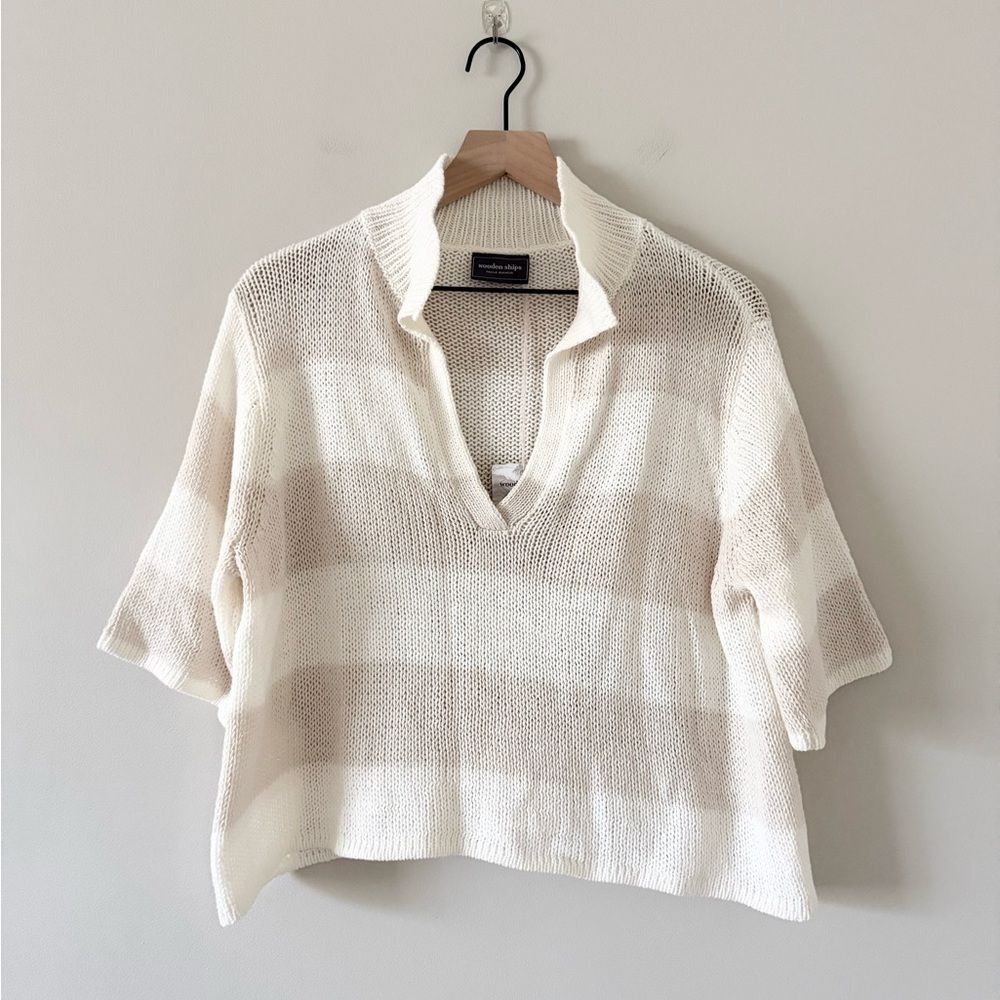 Wooden Ships Loose Knit Short Sleeve V-Neck Sweater in Tan & White Stripe S/M - Picture 2 of 8
